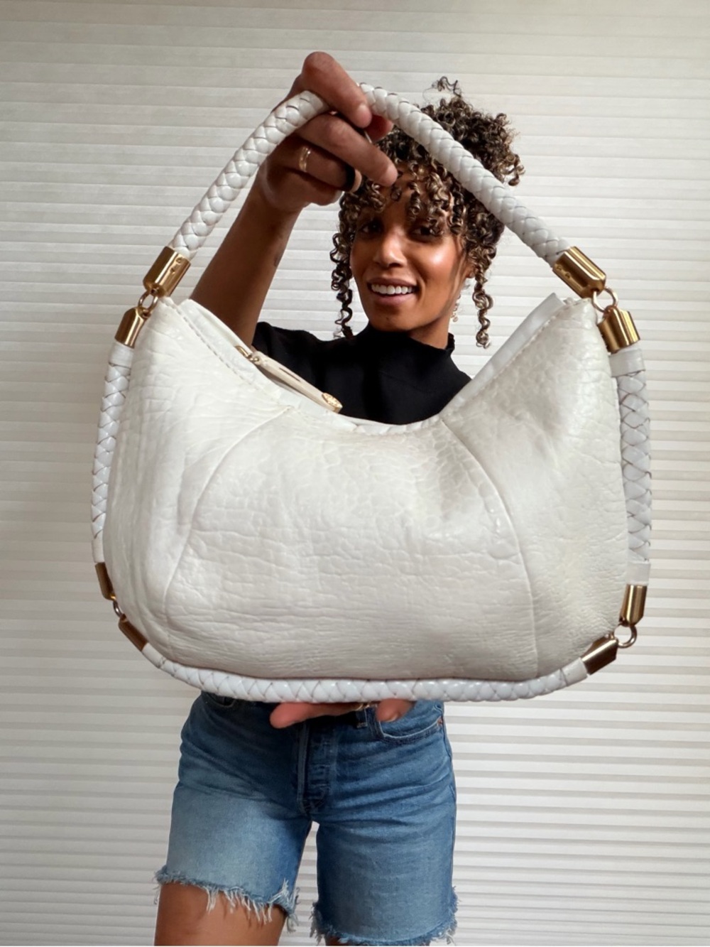 Antonio Melani Ivory Leather Shoulder Bag W/Braided Handle